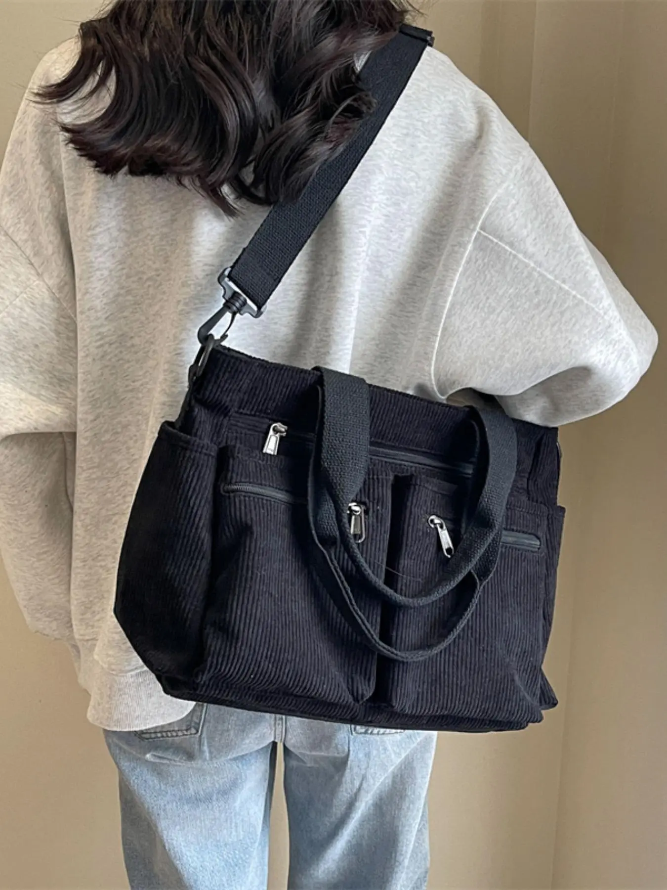 Women's Solid Color Zipper Tote Bag, Large Capacity Multi-pocket Portable Shoulder Bag, Casual Trendy Versatile High-quality Daily Commuting Bag, Business Style Tote Women's Solid Color Zipper Tote Bag, Large Capacity Multi-pocket Portable Shoulder Bag, Casual Trendy Versatile High-quality Daily Commuting Bag, Business Style Tote
