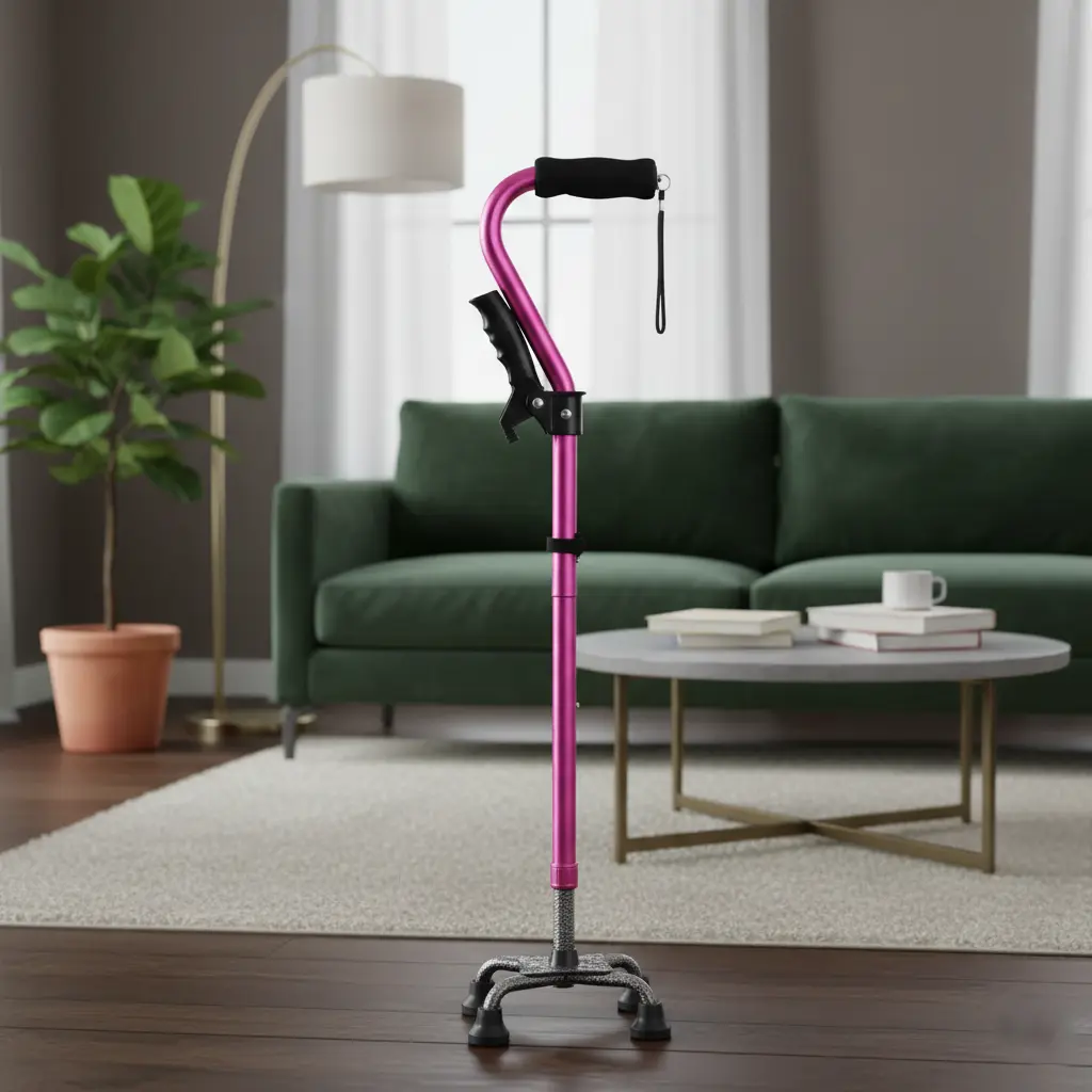 VIVA CARE Everyday Stylish Walking Stick – Foldable Adjustable Non-Slip 4 Prong Self-Standing Design, Pink