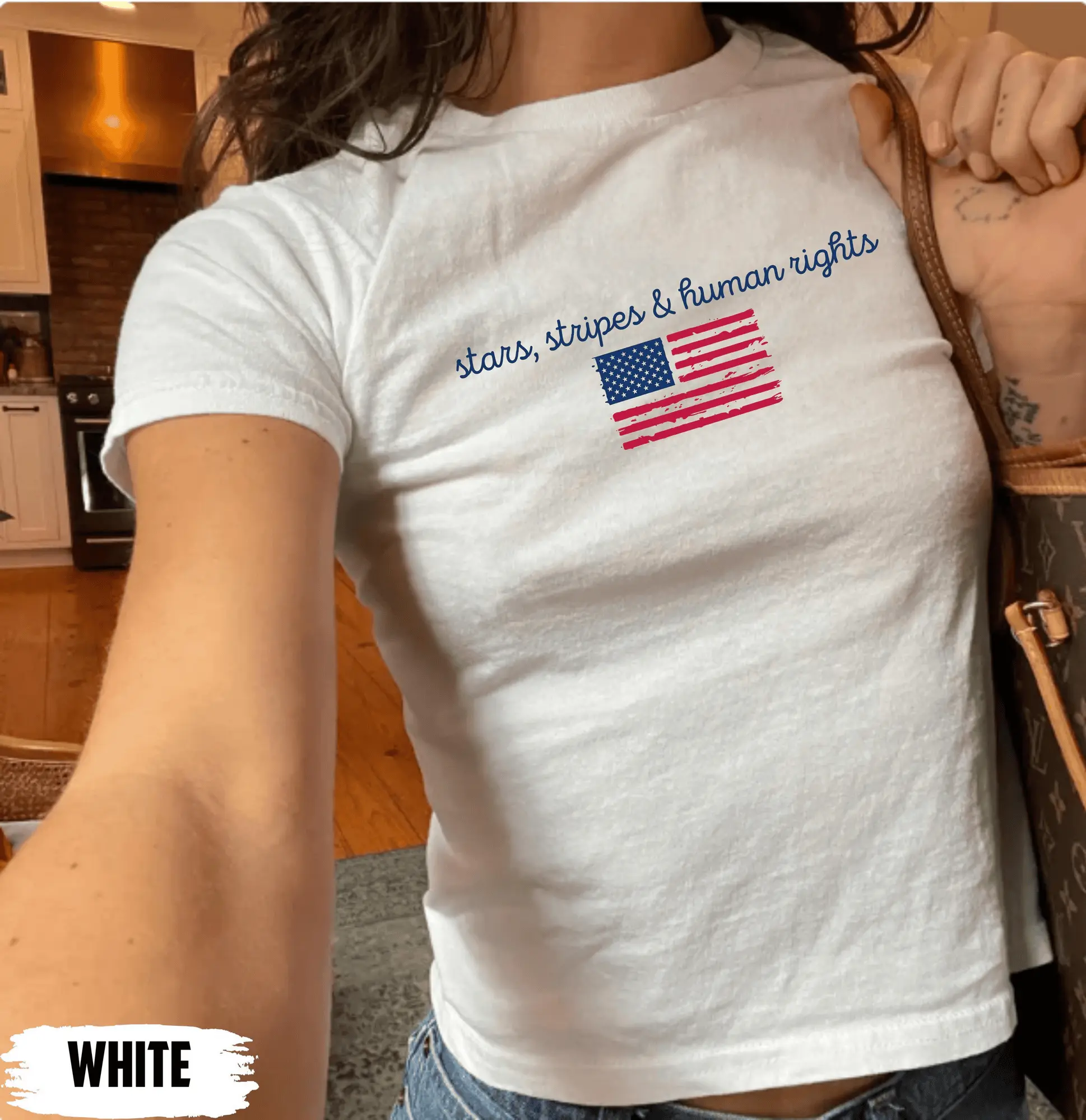 4th of July Stars Stripes and Human Rights Baby Tee, Liberal Fourth of July Women BabyTee, Activist Bella Canvas Baby Tee, USA Flag Crop Top