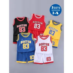 3set-6pcs Boys' Fashion Sports Jersey Vest Set| Sleeveless Crew Neck Tops with Alphabet Pattern, Regular Fit Shorts, Perfect for Summer, for Outdoor