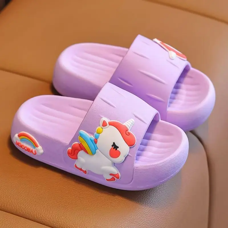 Girls' Summer Slippers - Rainbow and Cloud Decoration, Cute Design, Non-Slip Soft EVA/PVC Sole, Lightweight Indoor Shower Shoes (Pink & Purple), Children's Slippers, Durable PVC Material
