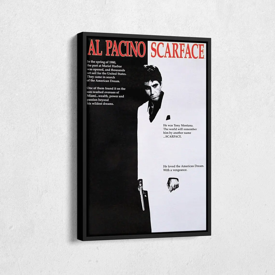 Scarface Al Pacino Canvas Wall Art, Tony Montana Vintage Movie Framed Print, Classic 80s Gangster Film Poster, Black White Man Cave Bar Wall Decor, Scarface Movie Fan Gift