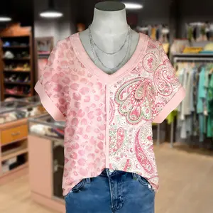 Cherrybetty Contrast Leopard Floral Print V-Neck T-Shirt Vintage Womenswear Streetwear Shortsleeve Top