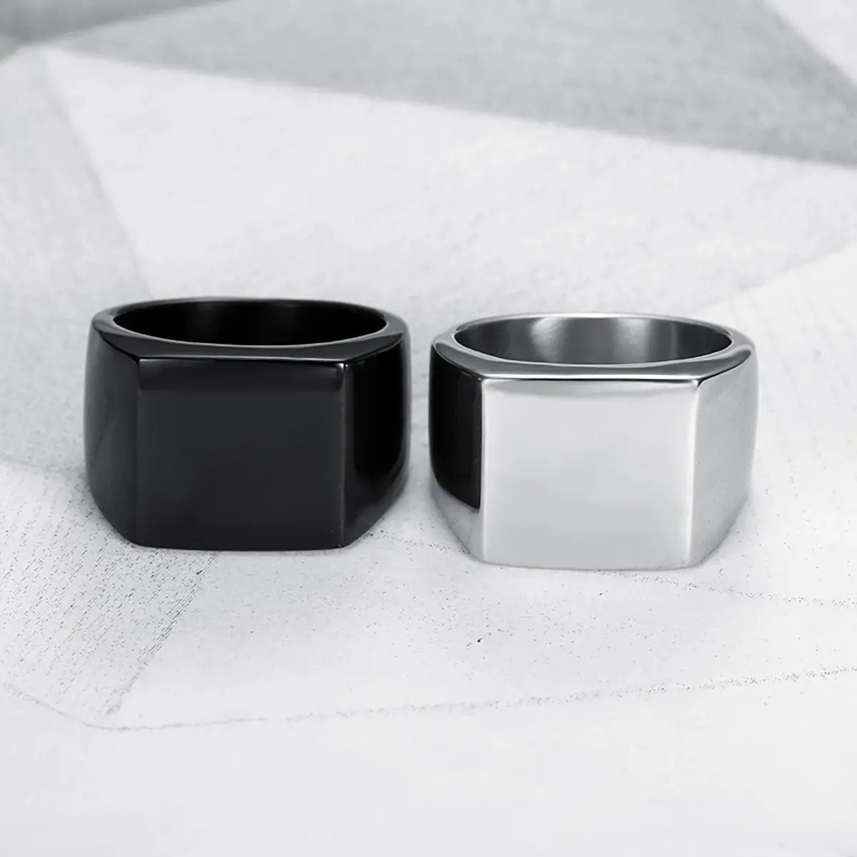 Stainless Steel Punk-Style Square Flat-Top Polished Geometric-Shaped Ring - Black Cube Zirconia Solitaire, Stackable European-American Fashion Wedding Costume Jewelry Accessory, Geometric-Shaped Rings, Cube Zirconia Rings,summerwins