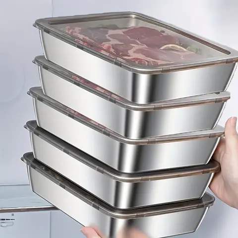 5-Piece Stainless Steel Kitchen Food Storage Containers - Airtight & Leak-Proof, Rectangular, Stackable, Reusable, Stainless Finish Wipes Clean Fast Kitchen Gadgets for Cold Lunch, Storage Organization
