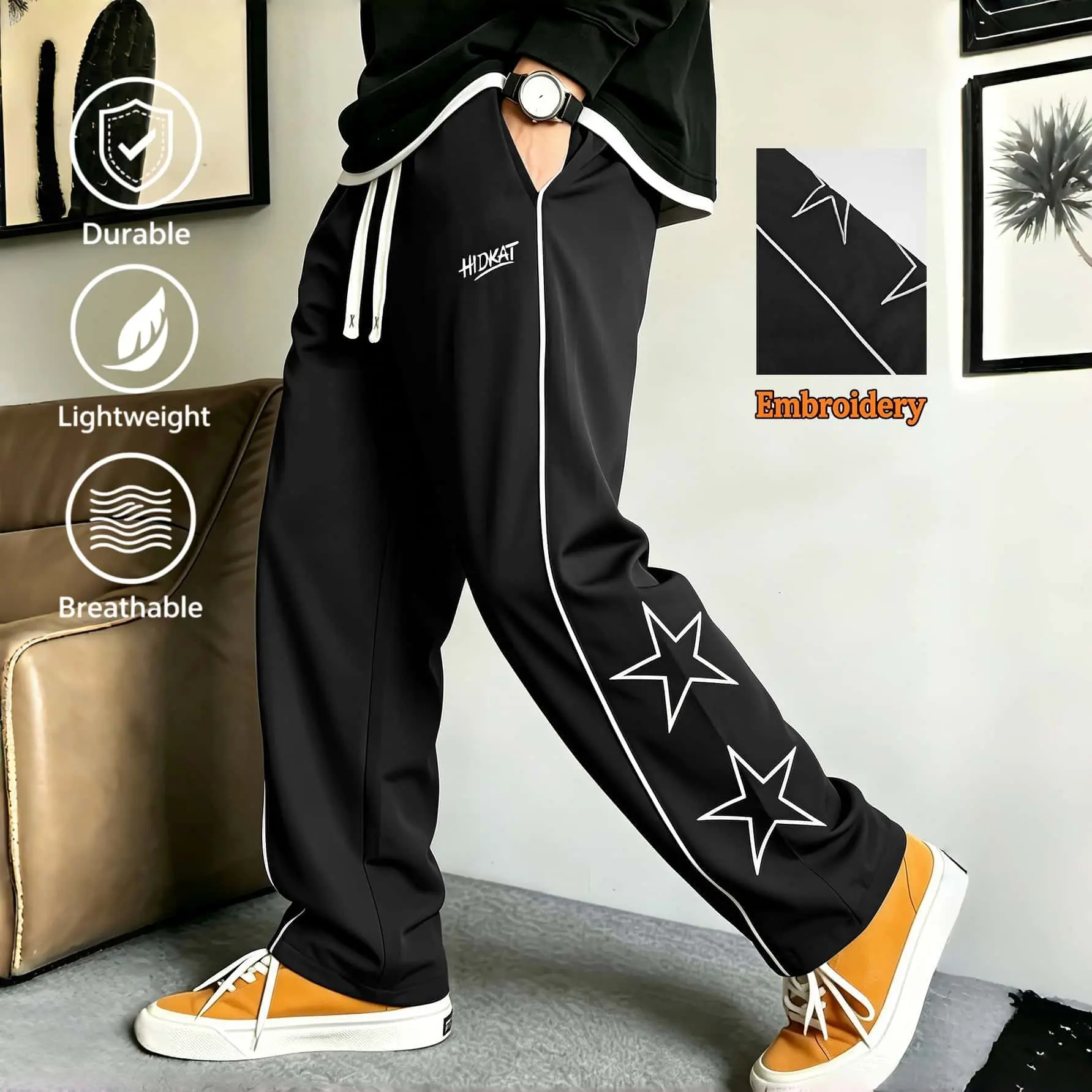Men’s Embroidered Star Wide Leg Track Pants, Lightweight Breathable Durable Loose Straight Sweatpants, Elastic Drawstring Casual Streetwear Trousers for Skateboarding, Daily Outfits, Hip Hop Street Style Summer Wear，Comfy Elastic Waist Drawstring Pants