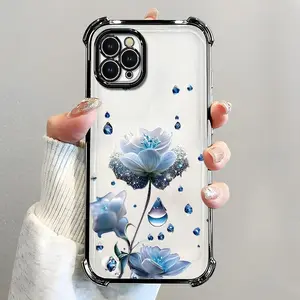 For [iPhone 11 Pro Max] luxury women's phone case🥰, electroplated four-corner shockproof protection, crystal clear blue flower with water drop design, sophisticated and eye-catching666