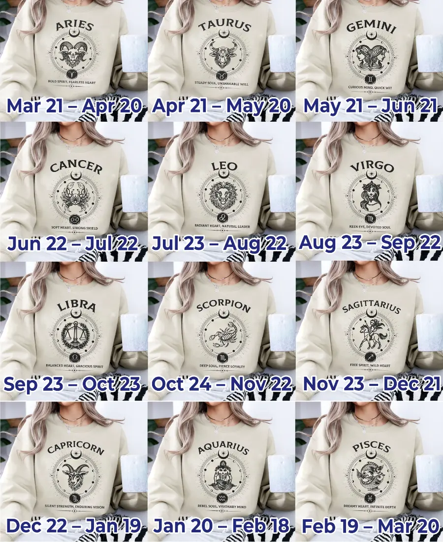 Zodiac Sign Sand Sweatshirt Unisex – Astrology Horoscope Sweater Crewneck, Cozy Graphic Zodiac Sweater for Men & Women