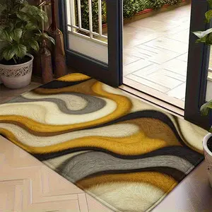 Modern Abstract Wave Doormat Faux Fur Texture Welcome Mat Non Slip Absorbent Entrance Floor Rug Luxury Brown Yellow Marble Pattern Area Carpet for Front Door Indoor Outdoor Home Decor Fluid Foot Pad