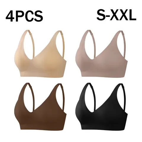 4 Pcs Basic jelly wireless woman comfortable push, Deep V Comfortable Push-Up Bralettes, Breathable Everyday T-Shirt Lingerie, Plain Elegant Nightwear Gift