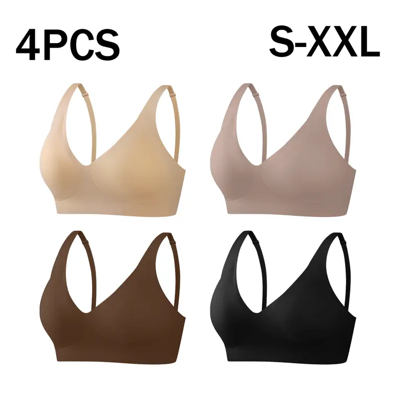 4 Pcs Basic jelly wireless woman comfortable push, Deep V Comfortable Push-Up Bralettes, Breathable Everyday T-Shirt Lingerie, Plain Elegant Nightwear Gift