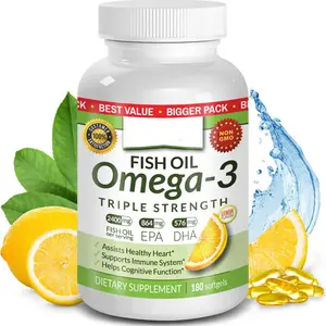 Triple Strength Omega 3 Fish Oil 2400mg - 180 Lemon Flavor Softgels - High Potency 864mg EPA & 576mg DHA - Burpless & Molecularly Distilled - Supports Heart, Joint, Brain & Eye Health - 3 Month Supply 180 capsules/bottle