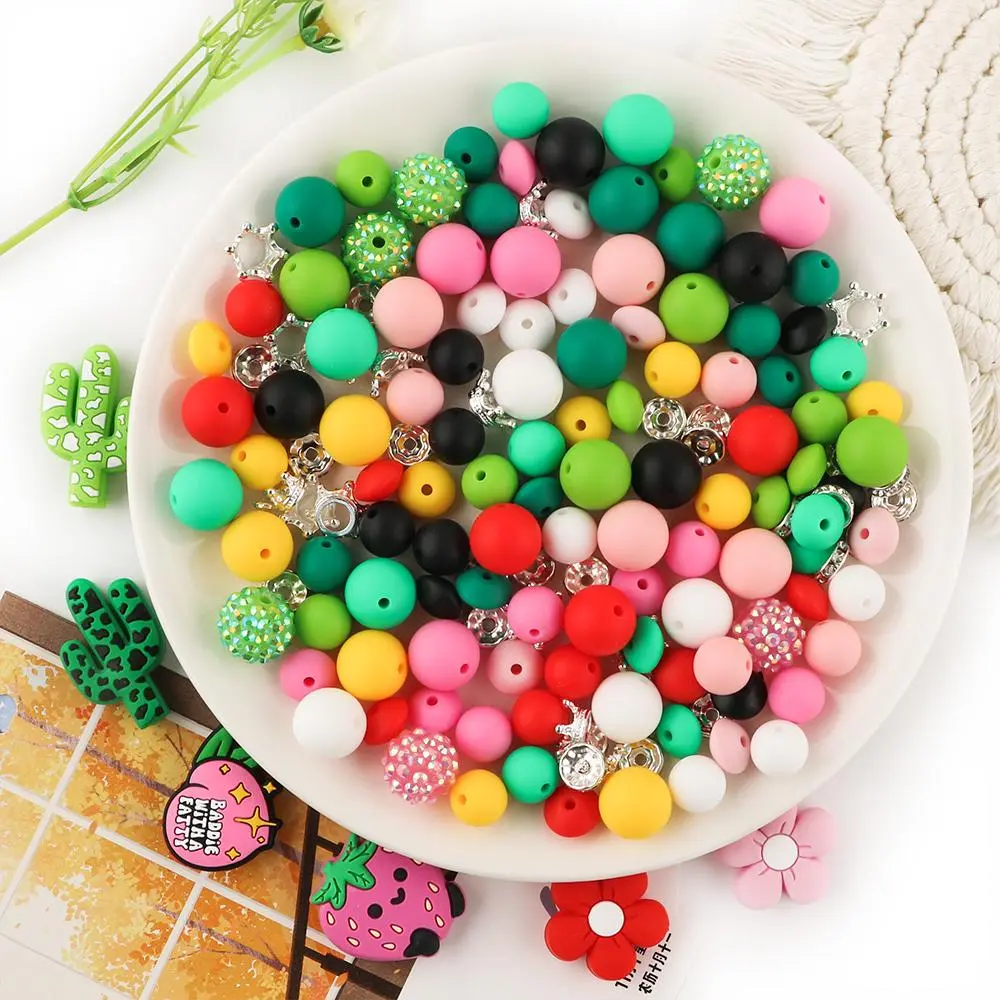 Fruit & Plant Pattern Silicone Bead, 55pcs/set 15mm Round Bead, Mixed Beads, DIY Jewelry Making Supplies, Beads Charms Accessories for Bracelet Necklace Earrings Pendant, Diy Beads Kit