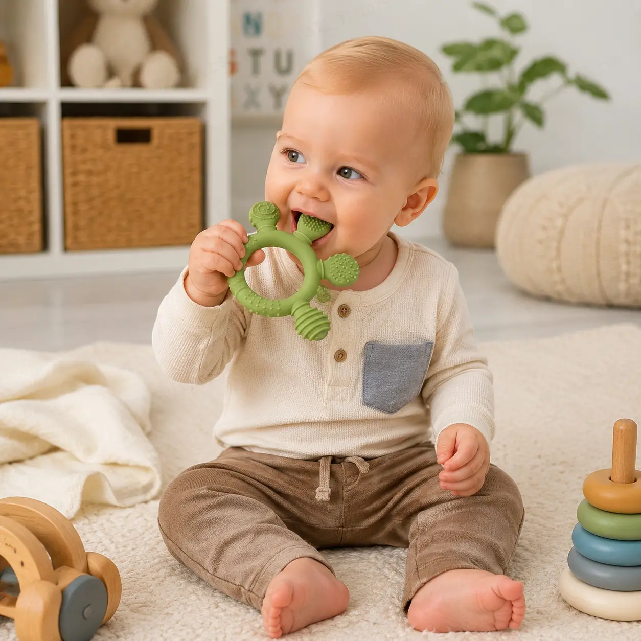 Food-Grade Silicone Baby Teether Ring - BPA-Free, Multi-Texture Gum Relief Sensory Toy, Simulated Play Food for Pretend Kitchen, Lightweight Unisex for 3-12 Months Infants, Ideal Toddler Gift