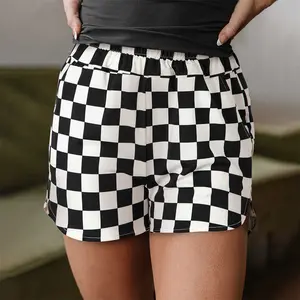 Black Checkered Print High Waist Casual Shorts for Women, Elastic Waist Pocketed Loose Fit Summer Loungewear Shorts for Daily Wear, Vacation, Street Style & Casual Outings