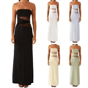 Women's Summer Long Tube Dress Sheer Lace Patchwork Sleeveless Strapless Backless Bodycon Ankle Length Dress