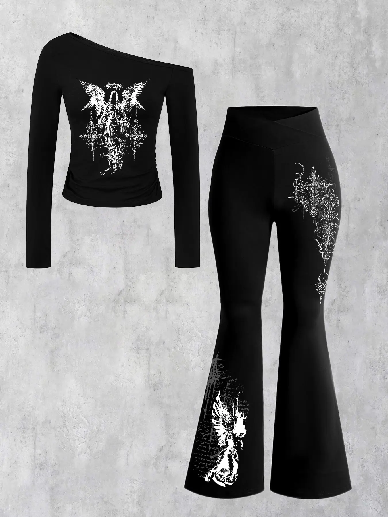Women's Casual Two-Piece Set Fit, Gothic Print Off-Shoulder Long Sleeve Top + Flared Bell Pants Fashion Ensemble Outfit, Comfortable Home Wear, All Seasons Womenswear Clothes Fitted Clothing Set