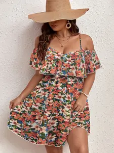Plus Size Women's Ditsy Floral Halter Dress, Casual Wear, Loose Fit One Shoulder Ruffle Skirt, European Style Boho Garden Party Summer