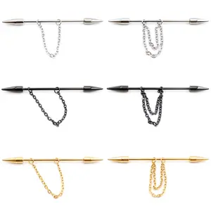 Alisouy 2PCS Cone Spike Chain Long Stainless Steel Industrial Barbell Piercing Ear Cartilage Earrings Straight Stud Body Jewelry