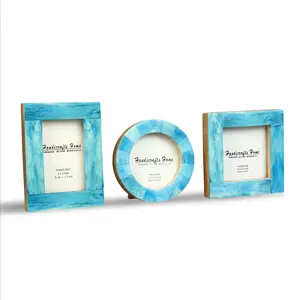 Handicrafts Home Baby Picture Frame for Newborn Girls and Boys Shower Frames Set of 3 Turq Rectangle Handmade Craftsmanship Buffalo Bone Resin Pine MDF Multicolor Decor Photo