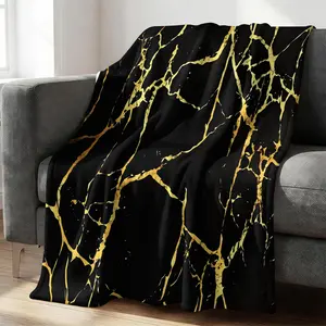Black Gold Marble Print Flannel Blanket, Black Background with Gold Cracked Lines, Comfortable Warm Soft and Lightweight, Luxury Sofa Bed Decor Office Nap Throw Travel Camping Cover Blanket, Gift Choice