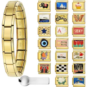 Italian Charm Bracelet Sets with 1 count 6.75 inch Starter Brascelet, 20 count Charms Pack and Opening Tools, 9mm Italian Modular Charm Bracelet Link Handmade DIY Module  Gifts