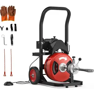 100Ft 1/2 Inch Cable Drain Cleaner Machine, 450W Auto Feed Portable Electric Sewer Snake, Electric Drain Auger with 6 Cutter Air-Activated Foot Switch for 2" to 4" Pipes