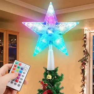 Christmas Tree Topper Star 7" LED Lighted with Remote Control 5-Point RGB Night Light Treetop Small Xmas Tree Decor USB Plug in 9.84Ft Wire
