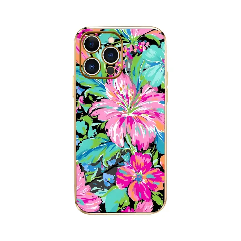 Soft TPU Plastic Casing for iPhone 11/12/13/14/15/16/17 (Standard, Pro, Pro Max) - Trendy Flower Print, Classic Square Electroplated Design, Shockproof, Non-Slip Smartphone Accessory for Handheld Devices