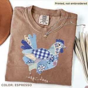 Comfort Colors Easter Faux Patchwork Chicken T-Shirt (Printed Not Embroidered), Retro Farmhouse Graphic Tee, Cute Spring Easter Shirt