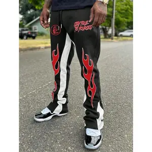 Men's Fire & Letter Print Drawstring Waist Flare Leg Pants, Casual Comfy Regular Fit Pocket Bell Bottom Trousers for Fall & Winter, Men's Bottoms for Daily Wear