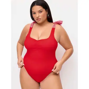 Cider Shaping Red Bow Tie Textured One Piece Swimsuit Curve & Plus SwimWeek