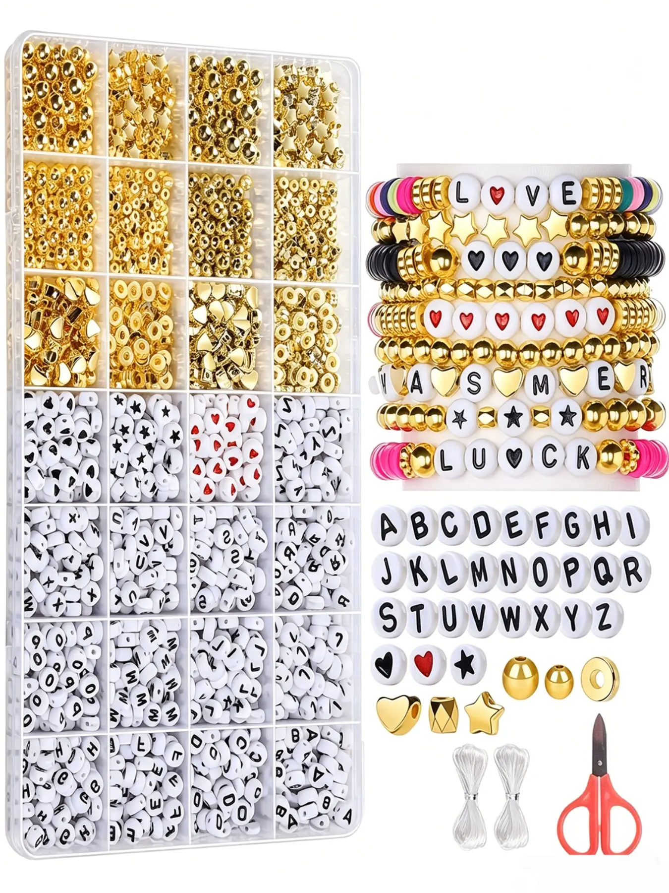 Colorful Gold Letter Bead Bracelet Making Kit, Includes Gold Beads, Letter Beads, Personalized Beads, String, Heart & Star Beads, DIY Jewelry Craft Set, Alphabet Beads, Bracelet Kits, Beading Kits
