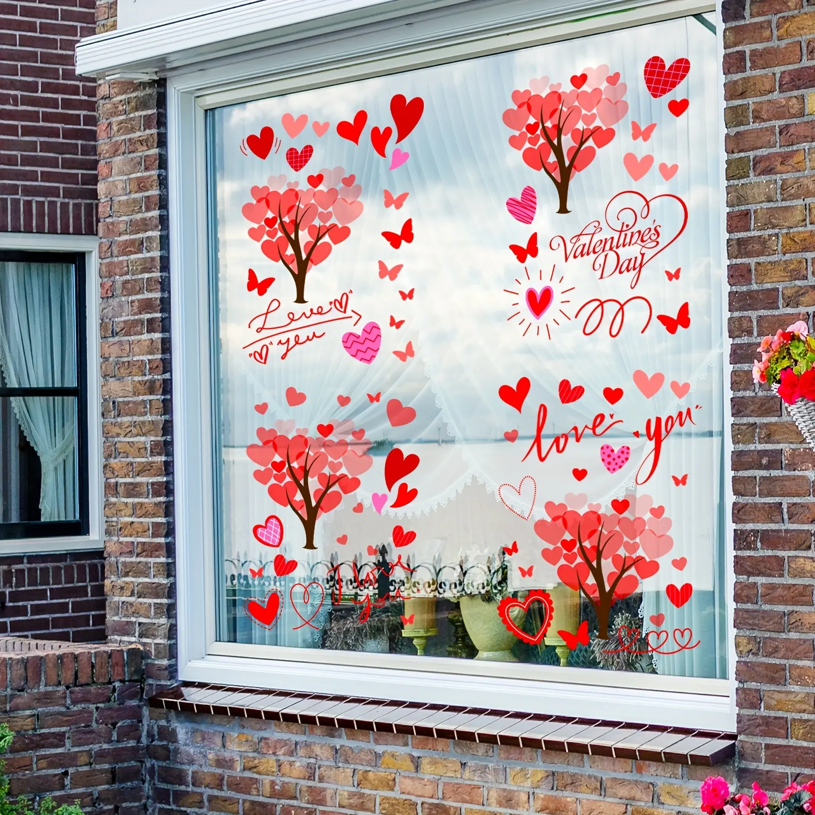 A set of 4 pieces (30cm*40cm*4pcs) - Pink Heart Tree Valentine's Day Window Stickers, double-sided visible, decorative window decals suitable for home windows, glass doors, static stickers HA16503