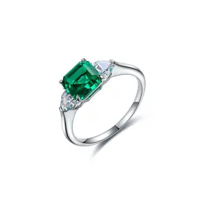 Lab Created Emerald Asscher Cut Ring,Green Emearld Ring,Square Solitaire Ring,Sterling Silver Three Stone Ring,May Birthstone,Gift For Her
