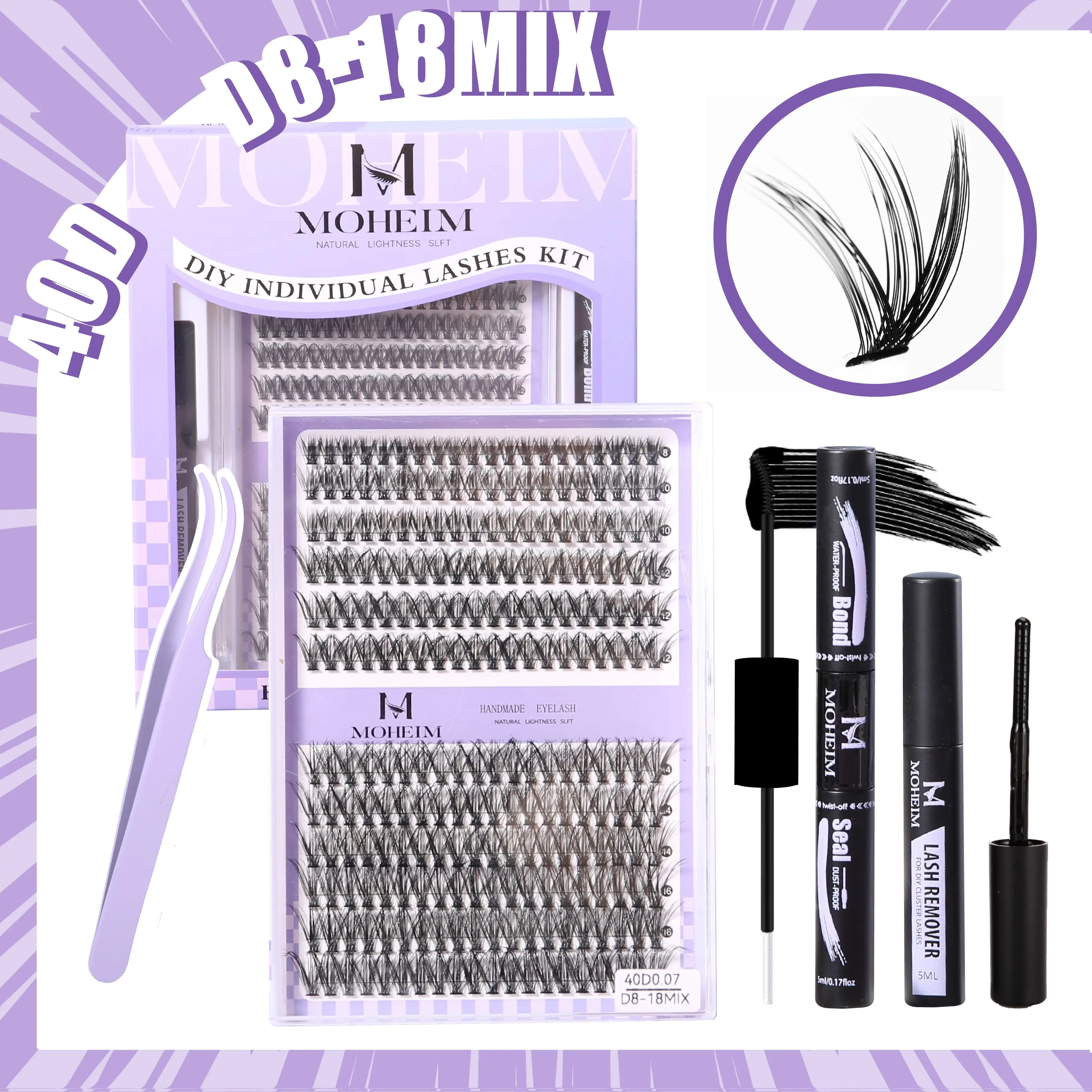 MOHEIM DIY Lash Extension Kit 40D 8-18mm Volume Clusters 240pcs Individual Lashes Kit Beginner Friendly Lash Bond and Seal, Lash Tweezer for DIY Eyelash Extension at Home For Girl Makeup