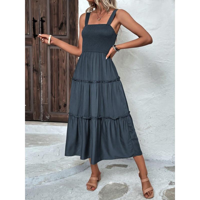 SHEIN Clasi Shirred Bodice Ruffle Hem Cami Dress Maxi Women Outfit