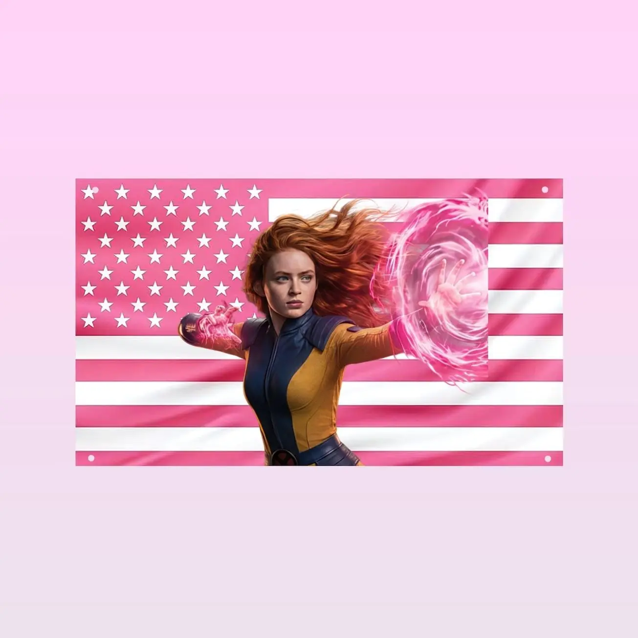 Jean Grey Pink USA Flag | Sadie Sink Inspired Wall Flag | Spider-Man Brand New Day Decor | Superhero Tapestry Gift