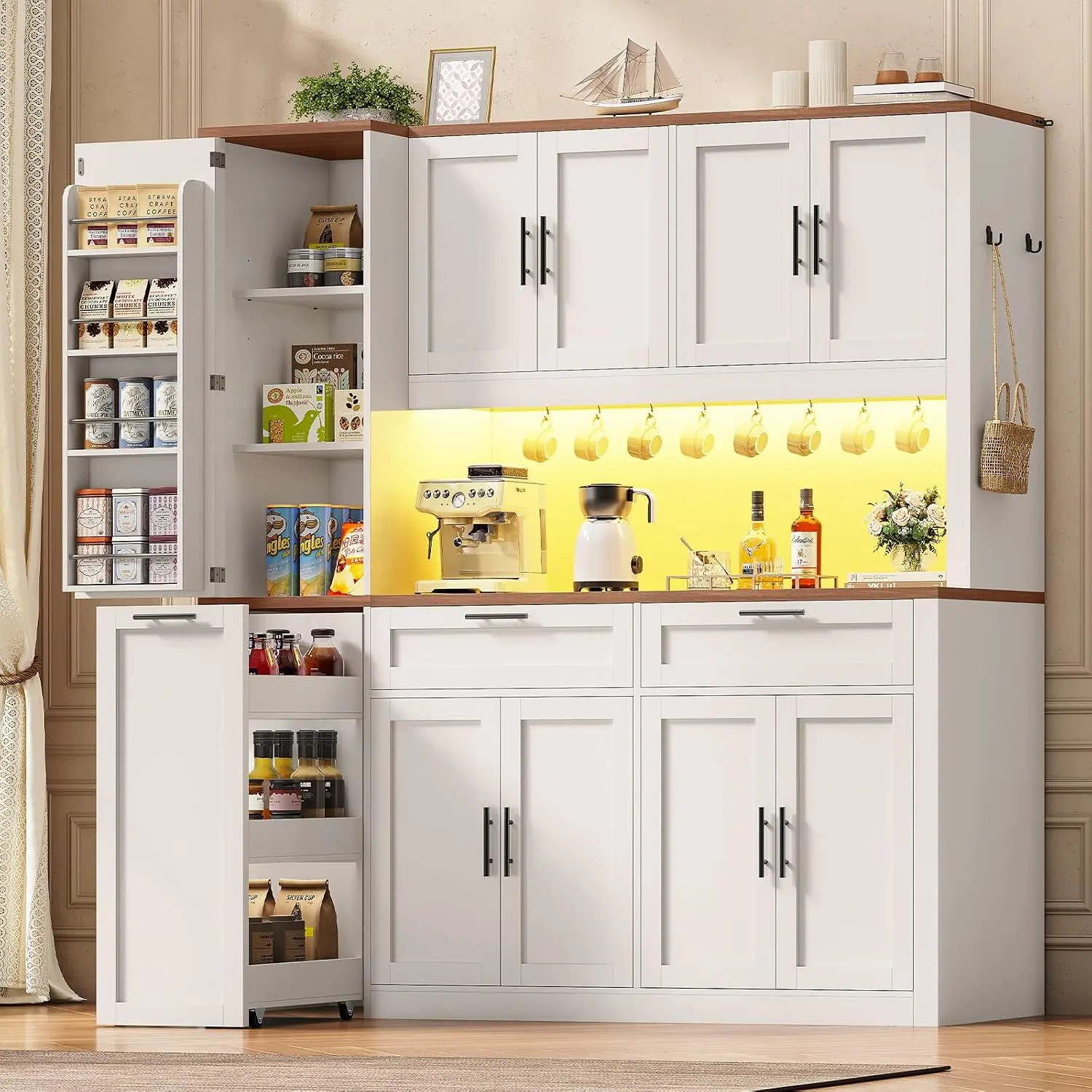 Itaar 71" Kitchen Pantry Cabinet with Charging Station and Led Light, Kitchen Storage Cabinets with Microwave Stand, 59" Wide Pantry Storage Cabinet with Storage Cart 3 Tier for Dining Room