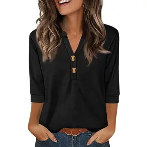Women's V Neck Henley Shirts 3/4 Sleeve Casual Tops Button Down Tunic Blouses Floral Print Loose Fit Shirts