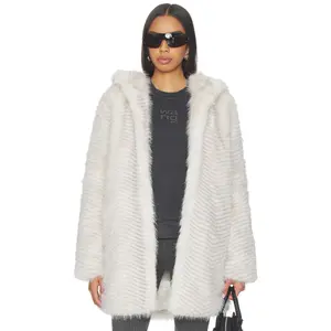 Generation Love Eden Faux Fur Coat in Cream With Grey Tip