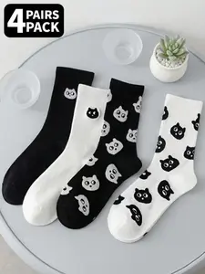 4-Pair Cartoon Cat Socks Black & White Color-Blocked Cat All-Over Print Design Elastic Cuff Doesn't Dig In Moisture-Wicking & Breathable Minimalist Style Daily Commute Casual Stylish Socks