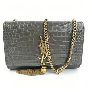 Pre-owned YSL Croc Embossed Fringe Chain Bag D0154