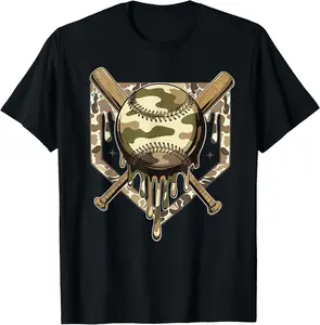 Baseball Drip for Boys Ice Cream Dripping Boys Baseball Camo T-Shirt - Cotton Fabric Youth Boys Girl T-shirt