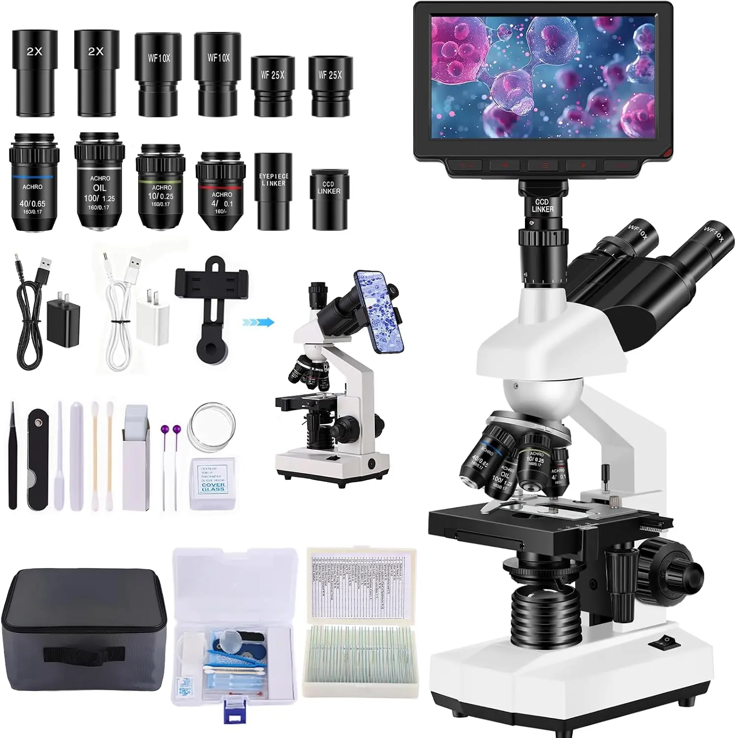 Microscope for Adult,7'' HD Display,with WF10x/25x Eyepieces,40-5000X Magnification,Dual Mechanical Stages and Abbe Condenser,Includes 40*specimens,Suitable for Labs and Schools (wihte)