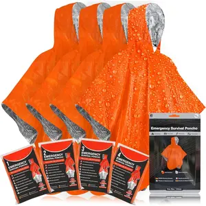 Poncho (4pc) Thermal Mylar Foil Blanket for Heat Retention and Rain | Reversible with Hood | , Windproof, Portable, Hands-Free, Outdoor Kit (Orange)