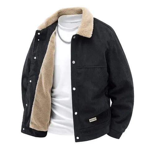 Men's Classic Plain Corduroy Fabric Tops - Black Shearling Faux Fur Collar, Fleece Lined, Casual Warm Winter Menswear Jacket