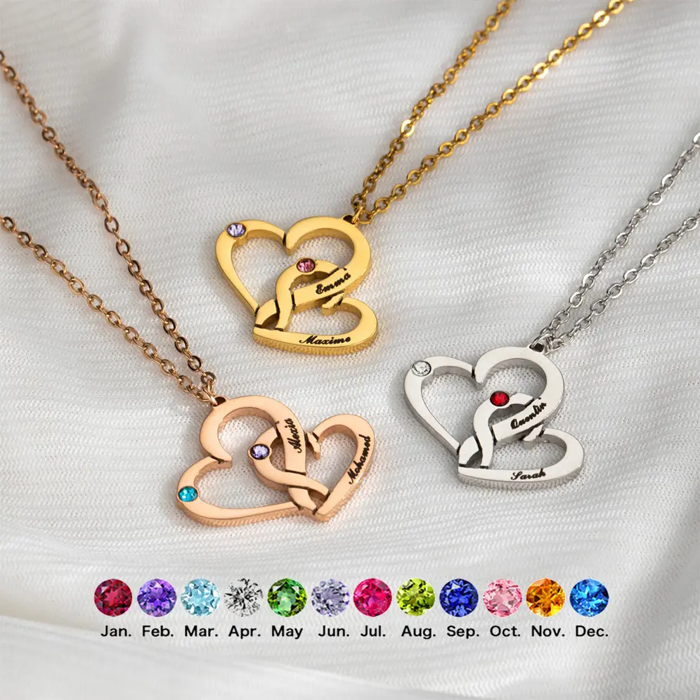 Personalized Couples Necklace with 2-Tone Stainless Steel Interlocking Rings, Custom Engraved Names and Birthstone, Casual Creative Name Necklace for Daily Wear, Metal Coating, Pendant, Birthday, Send Names+Birthstone By Message, Two-Tone