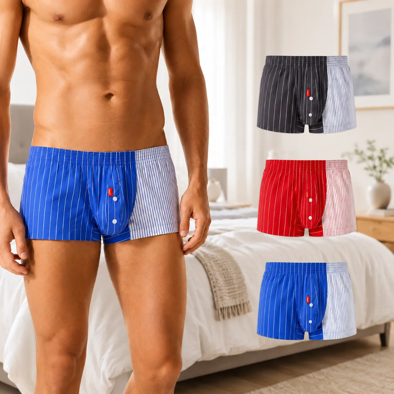 SEOBEAN Men's Striped Boxer Shorts, Color Block Button Fly Underwear with Elastic Waist, Relaxed Fit Lounge Sleep Shorts for Home, Travel and Everyday Wear-250508
