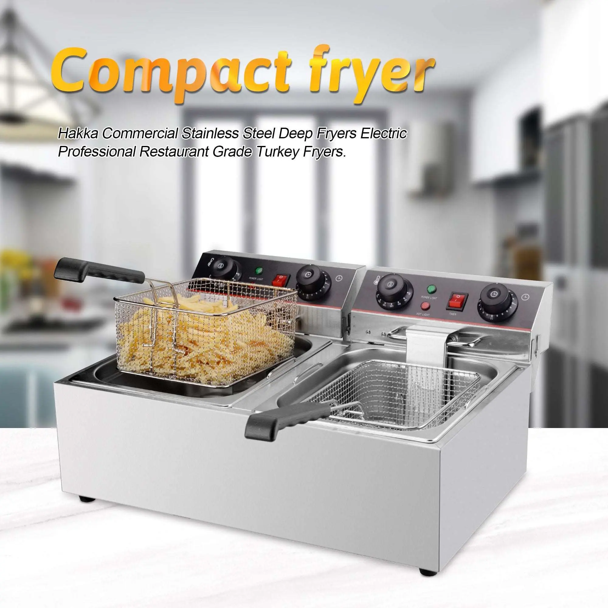 Hakka Commercial Stainless Steel Electric Fryer, Dual Basket Deep Fryer, 12L x 2 Countertop Fryer, 2 x 3200W 110V Restaurant Equipment Machine for Fried Chicken, French Fries, Fish & More ﻿